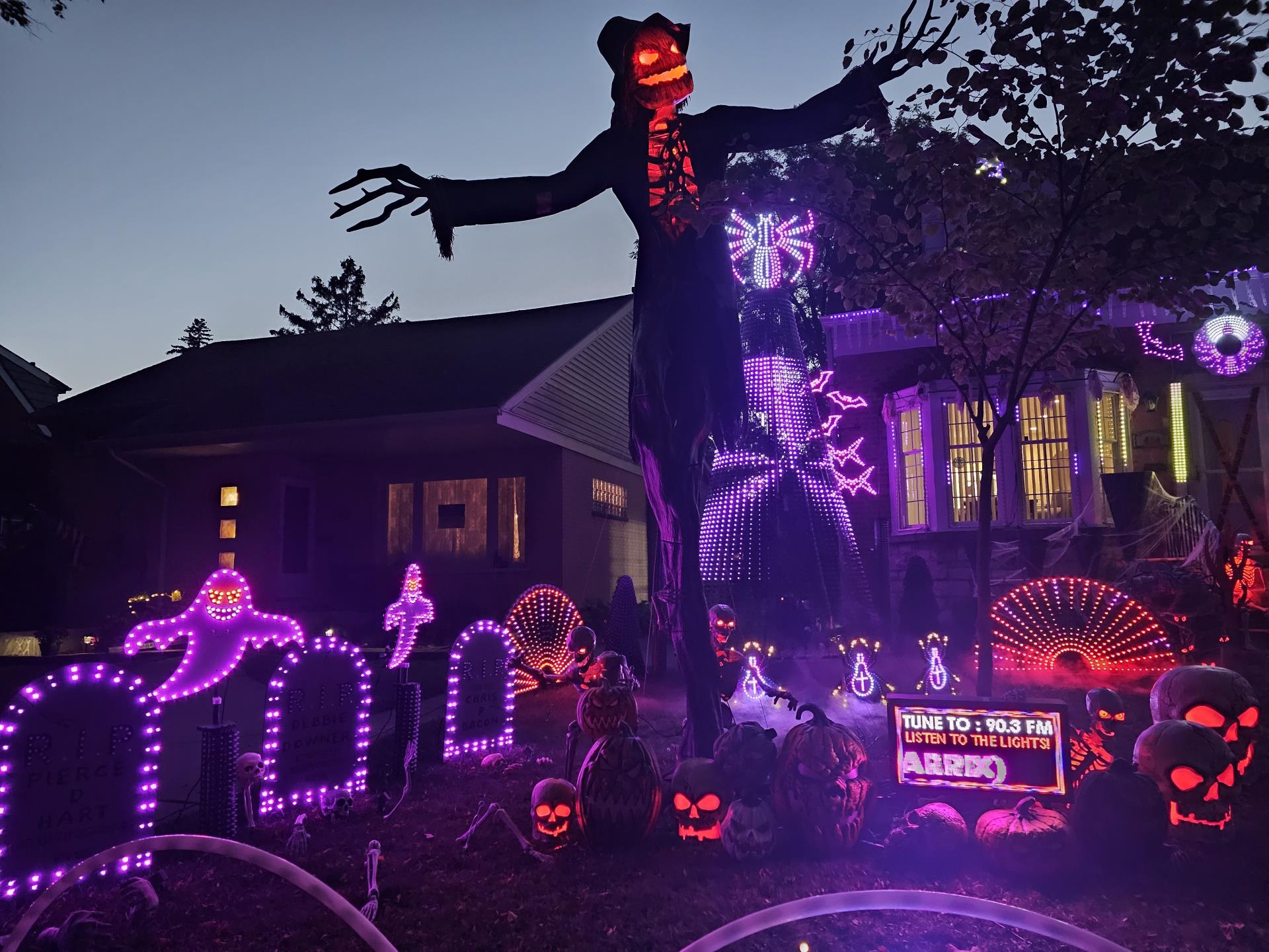 A festive Halloween display on a house